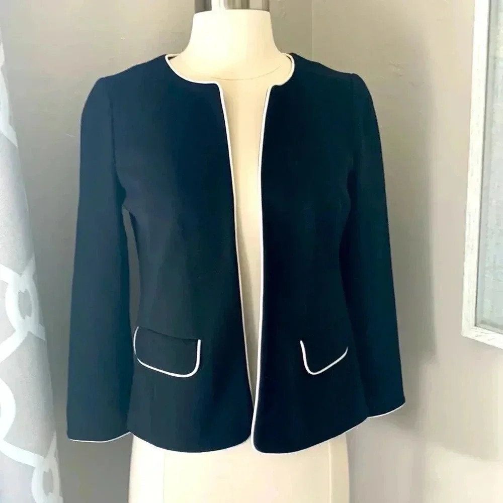 Talbots black blazer with white piping trim size 0p
